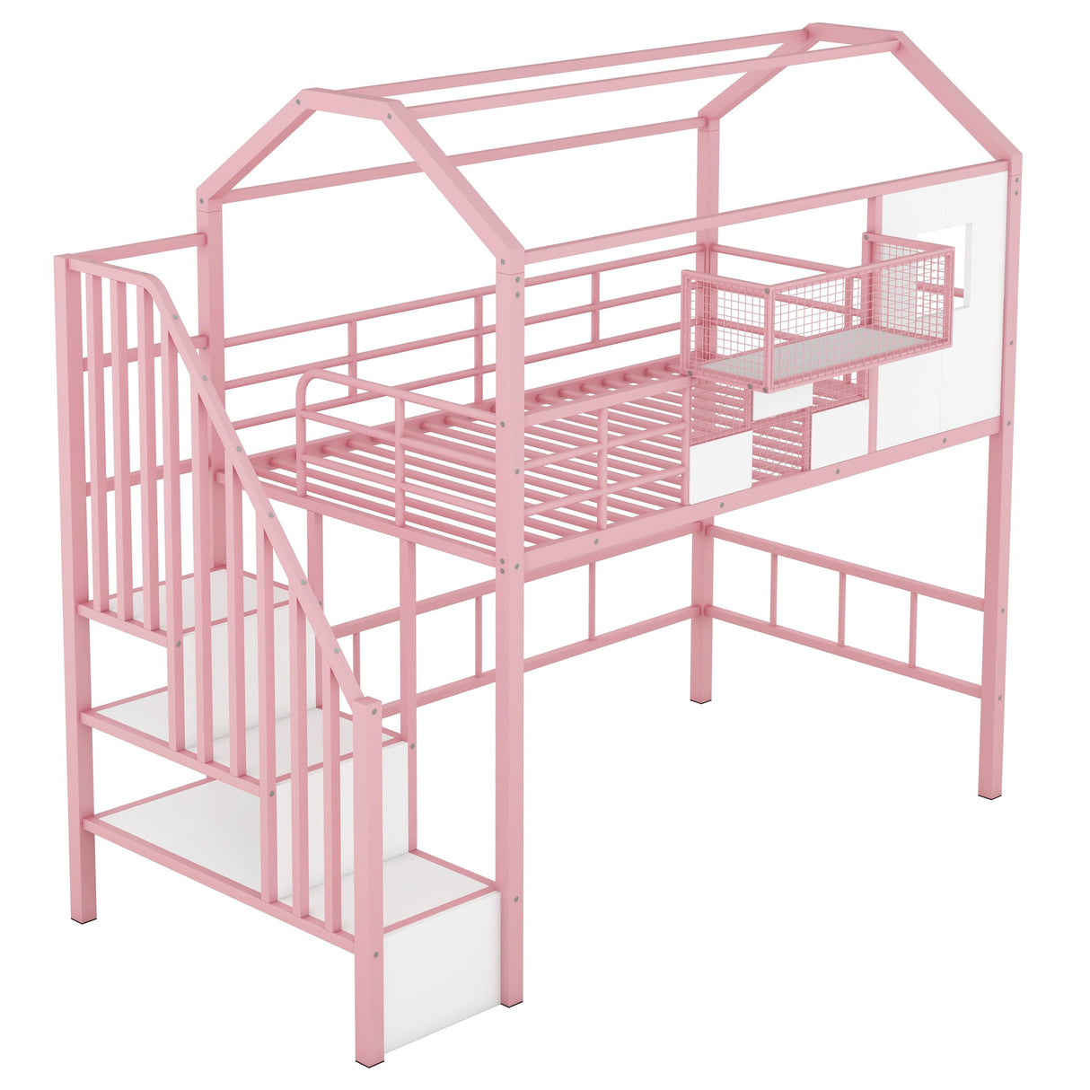 Twin Loft Bed with Stairs, Roof, Window and Full-Length Guardrail, House Loft Bed/Heavy
