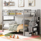 Twin Bunk Beds, Twin Over Twin Bunk Bed with Stairs and Storage, Low Bunk Beds Twin