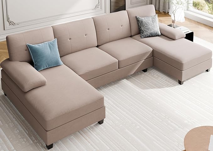 Sectional Couches for Living Room, 4 Seat Sofa Set U-Shaped Couch with Wide Chaise