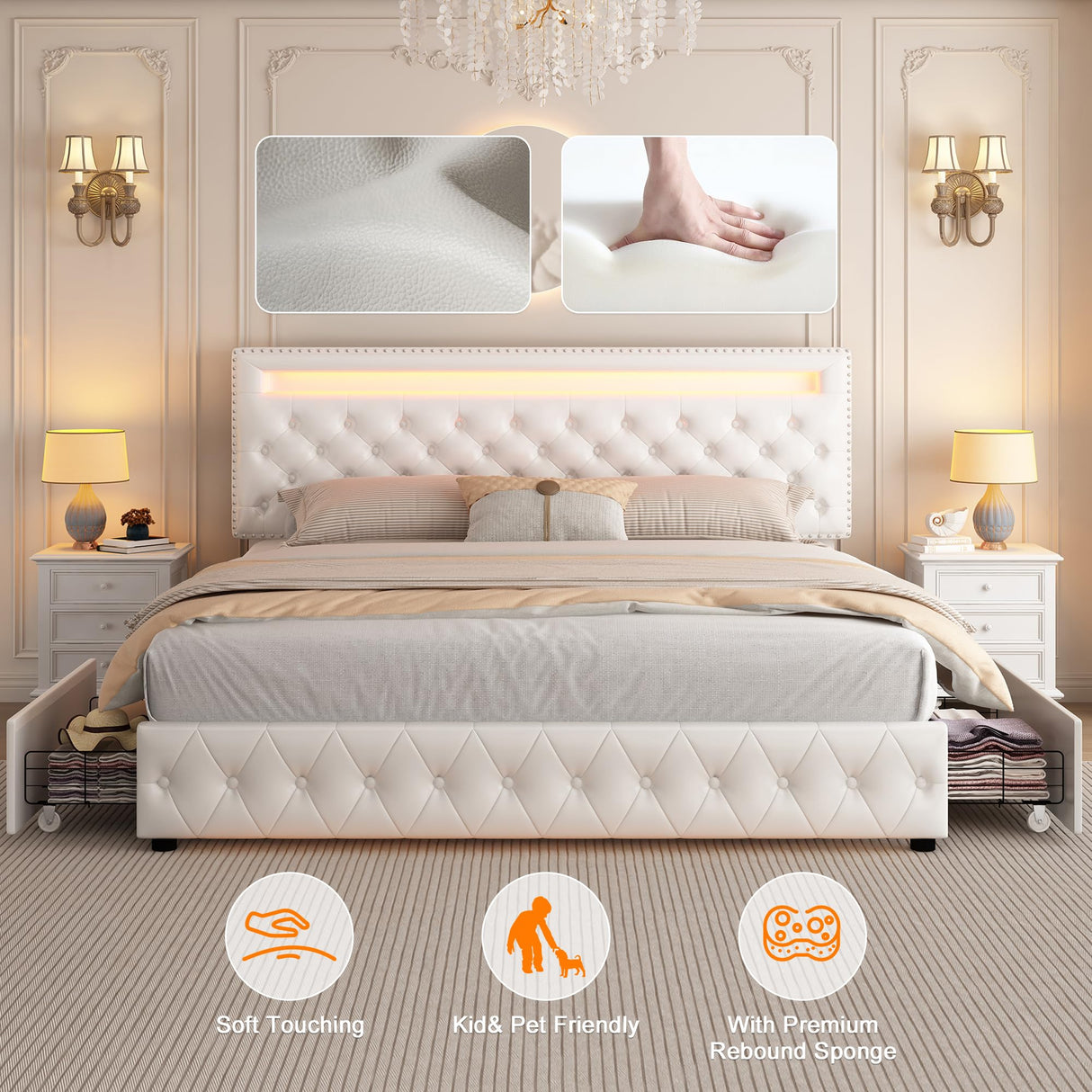 Queen Led Bed Frame with 4 Storage Drawers, with Smart Control RGBW LED Lights Headboard Footboard,