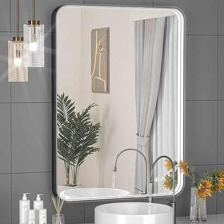 24" x 32" LED Bathroom Mirror with Lights, Rounded Rectangle Silver Frame Embedded