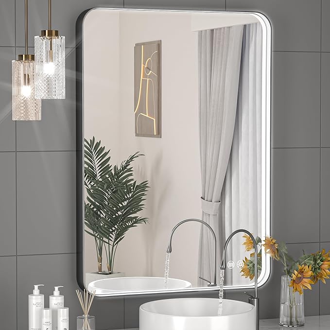 LED Bathroom Mirror with Lights, Rounded Rectangle Silver Frame Embedded