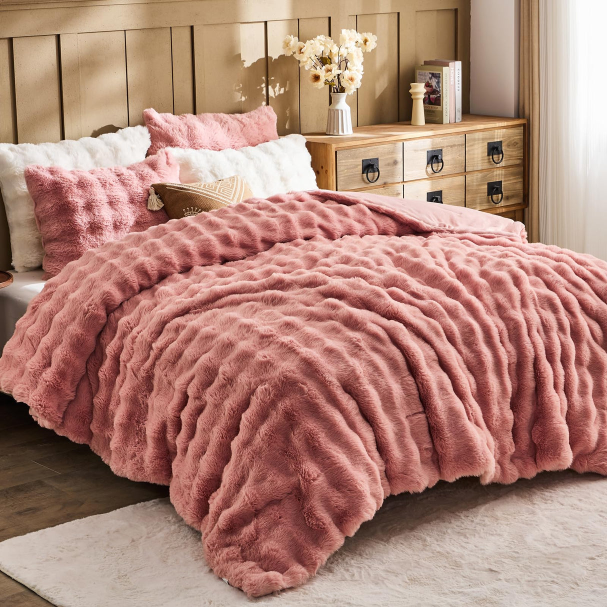 Faux Fur Queen Comforter Set – Pink Fluffy Comforter Queen Size, Big Bubble Faux Rabbit