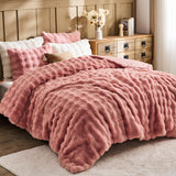 Faux Fur Queen Comforter Set – Pink Fluffy Comforter Queen Size, Big Bubble Faux Rabbit