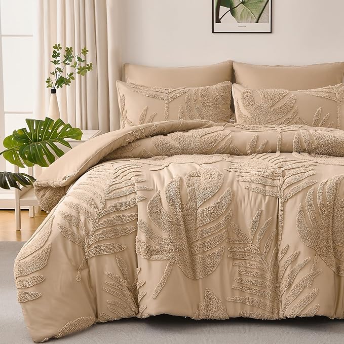 Floral Tufted Lightweight Bedding Comforter Set,Soft Botanical Palm Leaf Pattern Bed Set
