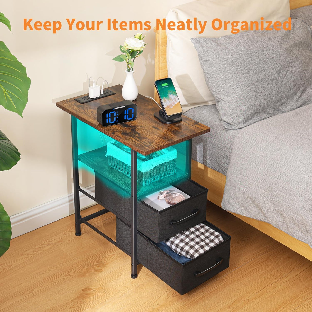 Narrow Side Table Set 2 with LED Light and USB C Port, Night Stand with Charging Station