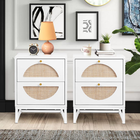 Rattan Nightstand Set of 2, Wooden End Table, Modern Side Table with 2 Storage Drawer,