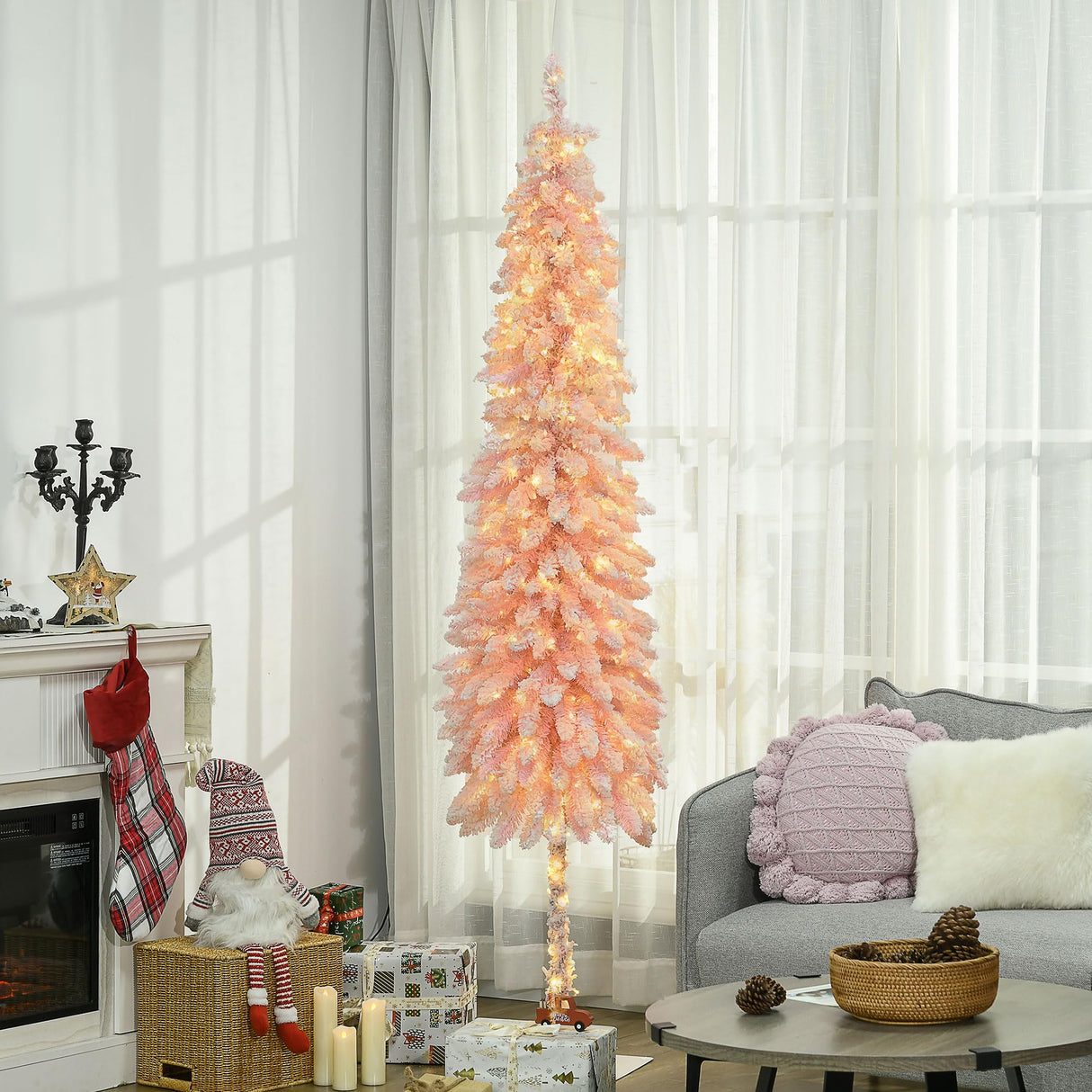 6FT Prelit Pencil Artificial Christmas Tree with Snow Flocked Branches