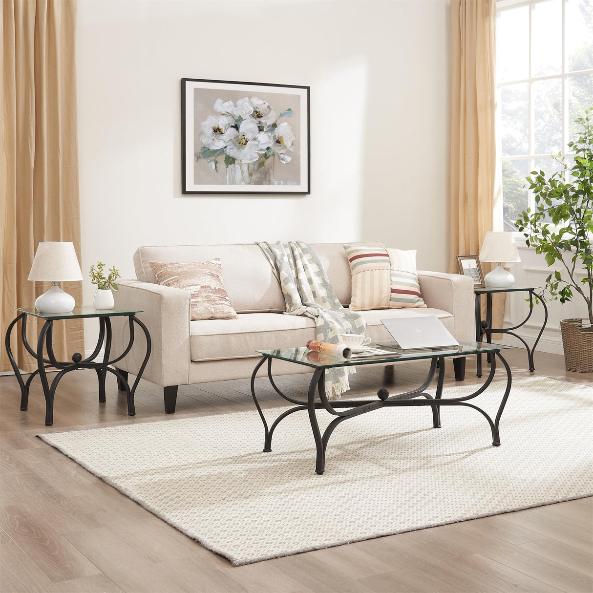 Tempered Glass Coffee Table Set of 3: Industrial Farmhouse Rectangle table