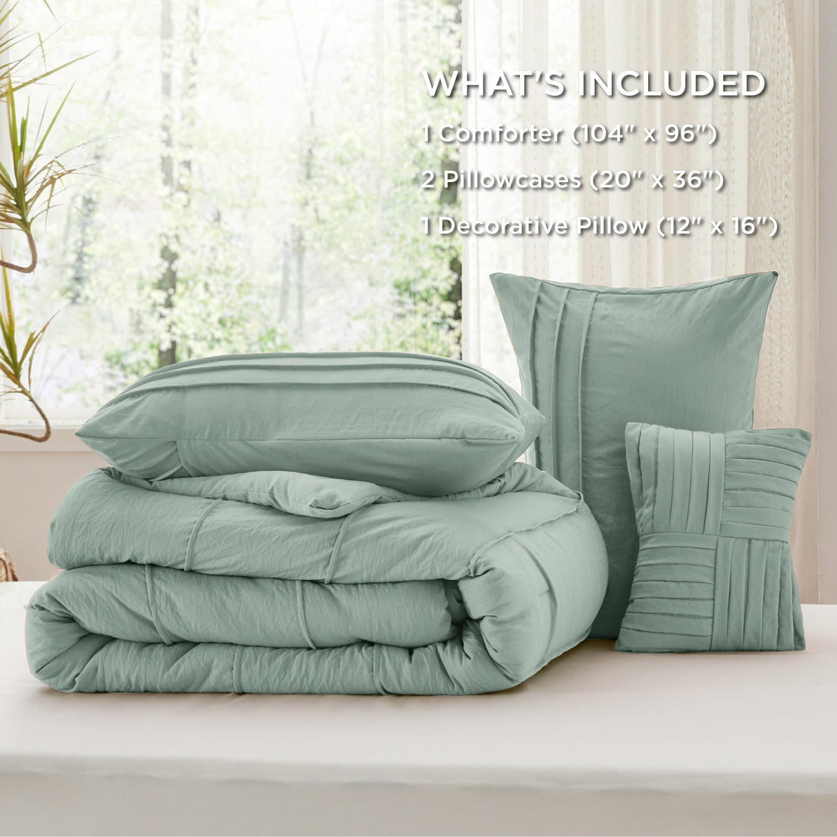 Sage Green California King Comforter Set - 4 Pieces Pinch Pleated Bed Set