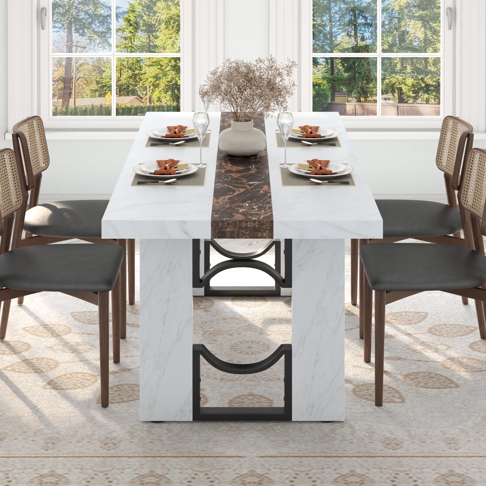 Inch Dining Table for 6-8 People, Large Rectangular Kitchen Table with Marble-Color