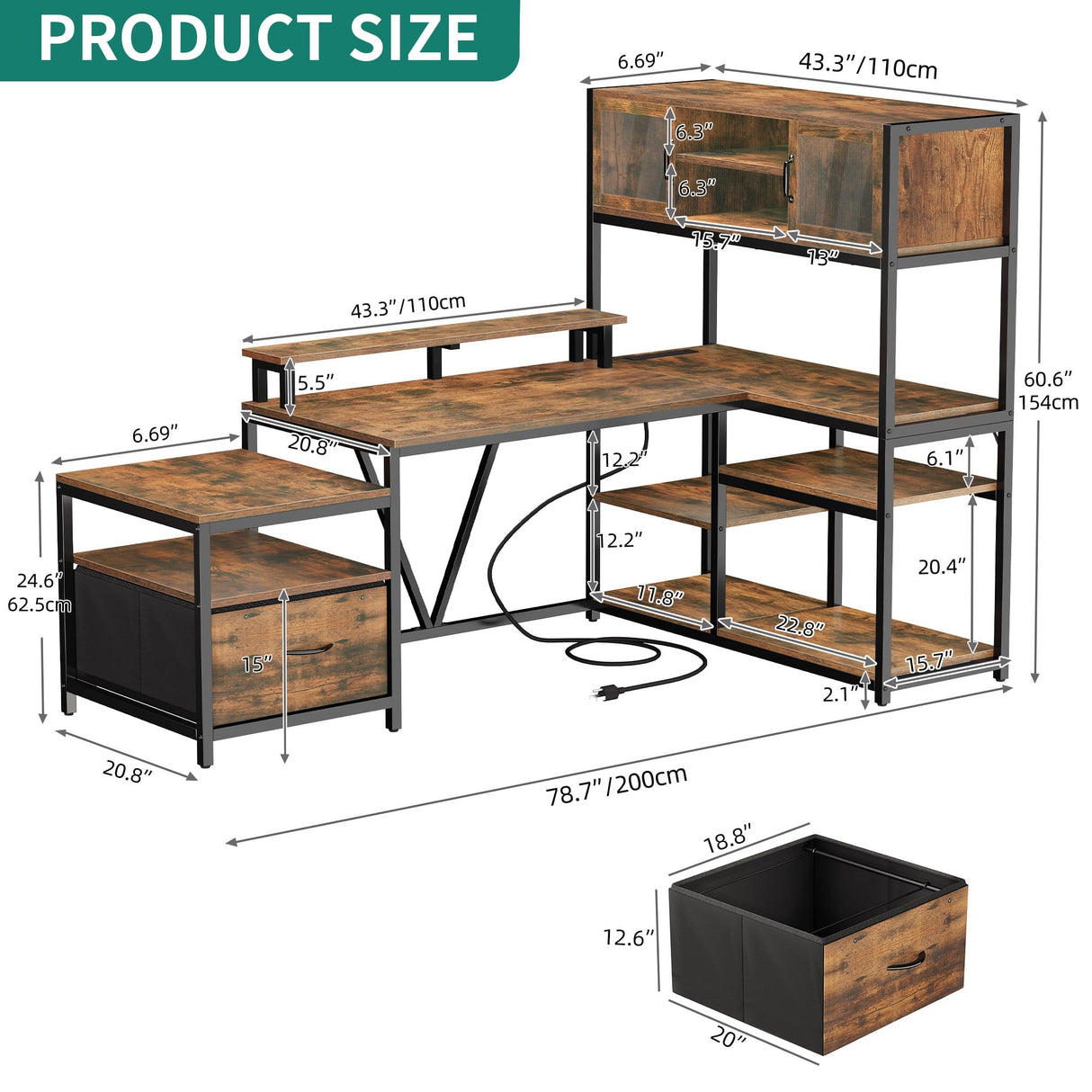 L Shaped Desk with Power Outlets, 78.7" Reversible Computer Desk