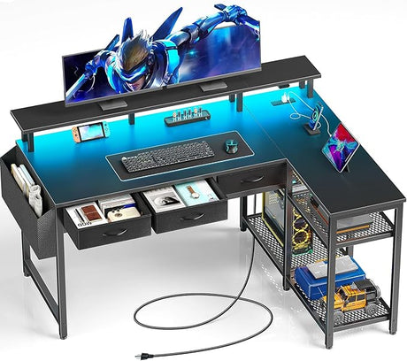 L Shaped Desk with Storage Drawers, 47 inch Gaming Desk with Shelves