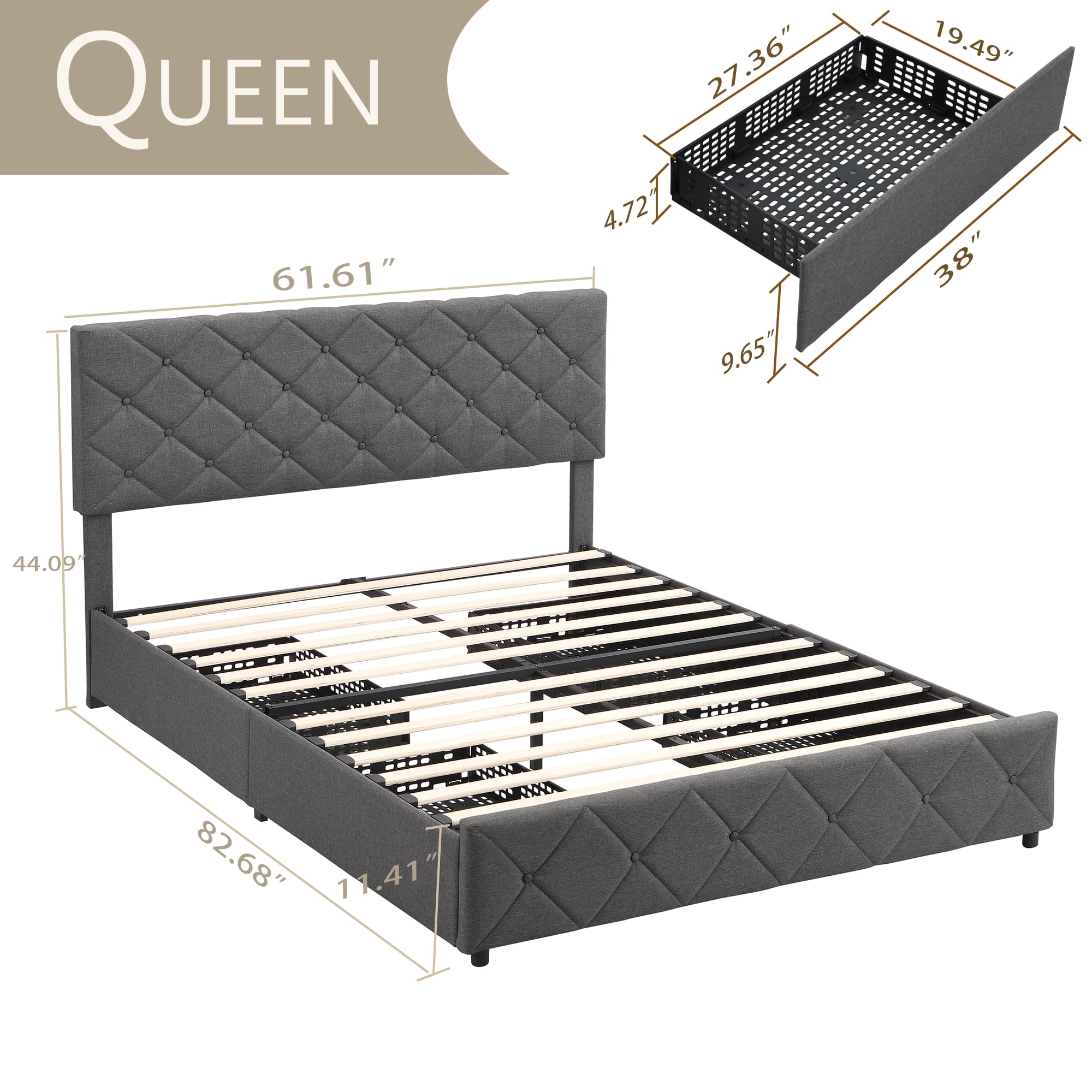 Queen Bed Frame with Storage and Headboard, Queen Sized Upholstered Bed Frames