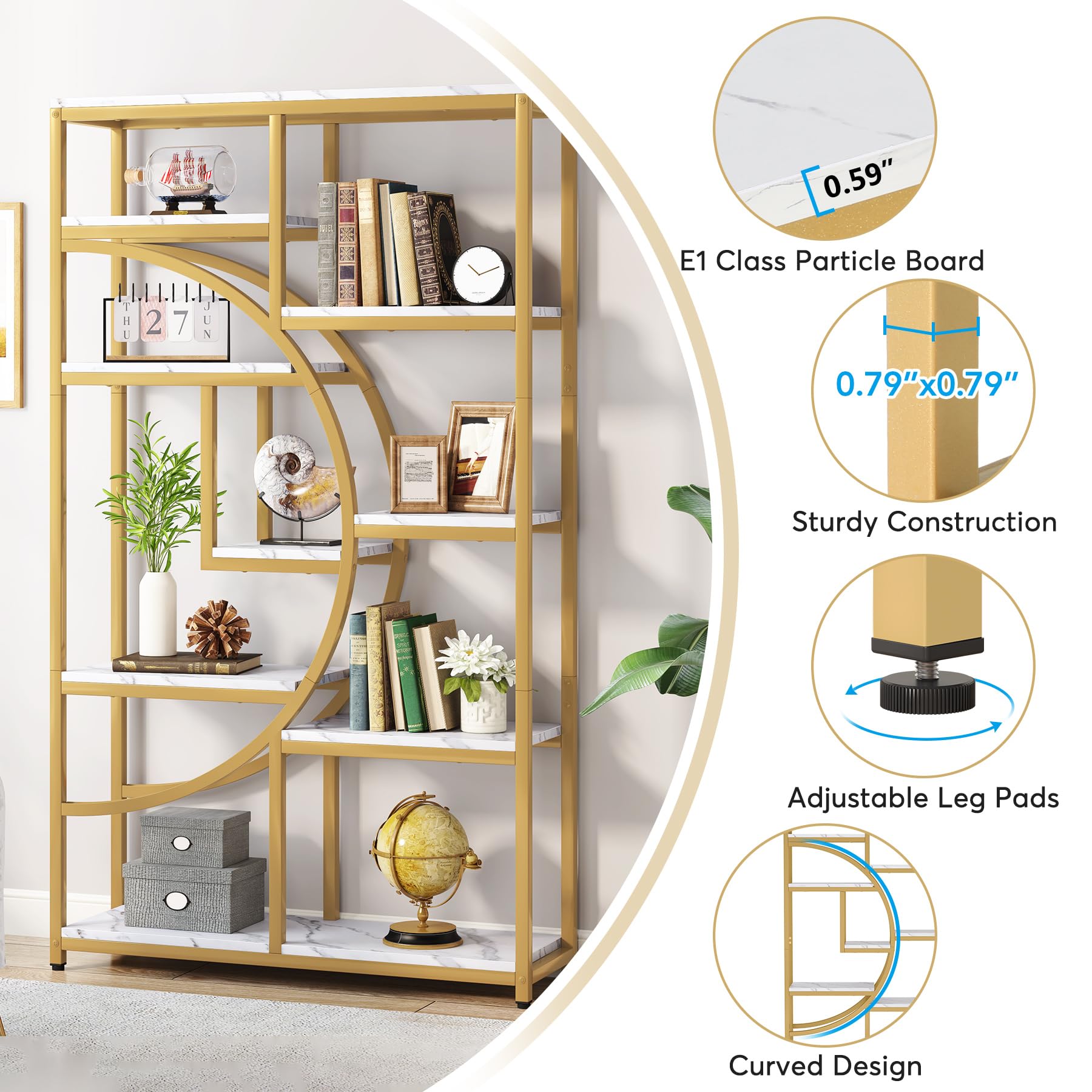 Bookshelf Industrial 5 Tier Etagere Bookcase, Freestanding Tall Bookshelves Display Shelf Storage Organizer with 9-Open Storage Shelf for Living Room, Bedroom, 2 Pack (Gold, 2 Pack)