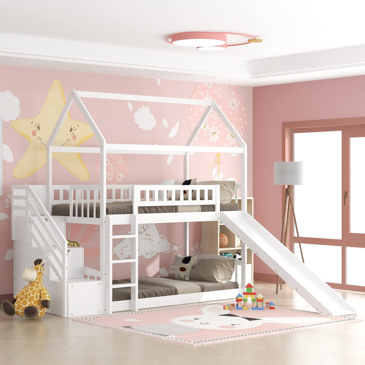 Modern Bedroom Furniture White Double Storey House Bed with Drawer and Slide