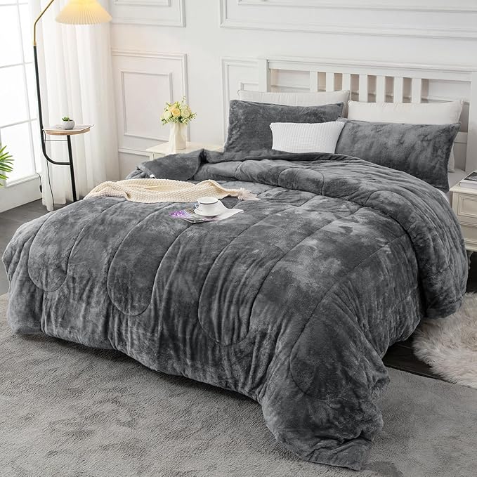 Faux Fur Comforter Set Queen Size, Luxury Ultra Soft Fuzzy Fleece Comforter