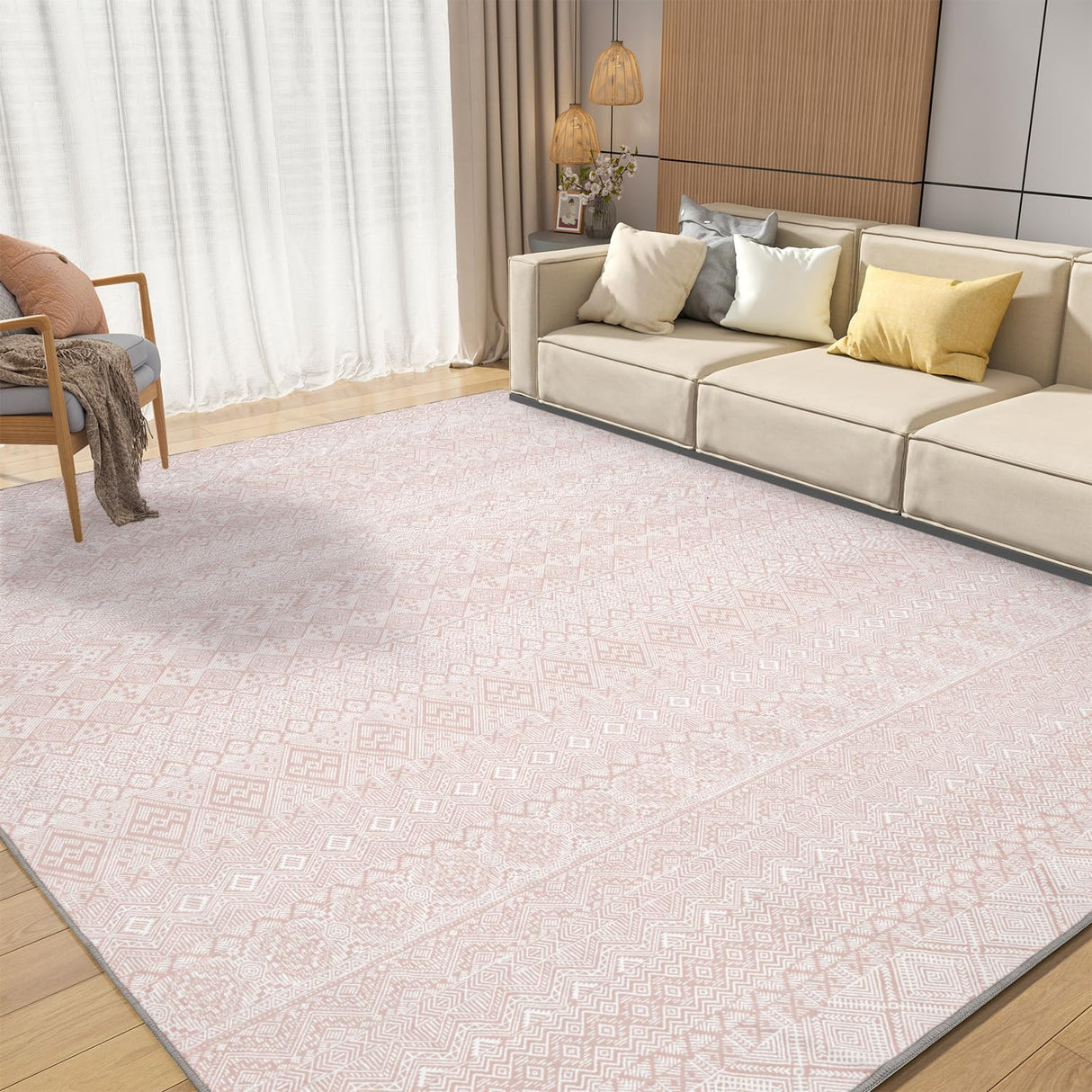 Boho Area Rugs for Living Room Rug Carpet 5x7 Machine Washable Rugs for Bedroom Dining Room Rug Modern Moroccan Neutral Farmhouse Nursery Office Rug Non Slip Large Pink Rug