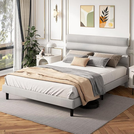 Queen Bed Frame, Platform Bed Frame with Upholstered Headboard, Linen Fabric