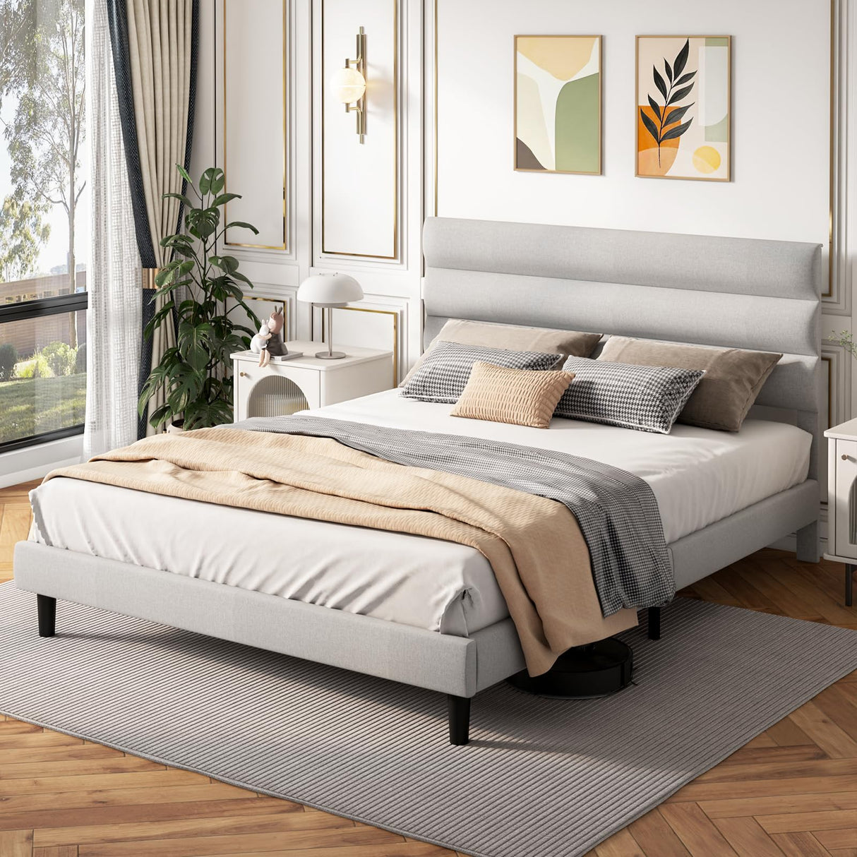 Queen Bed Frame, Platform Bed Frame with Upholstered Headboard, Linen Fabric