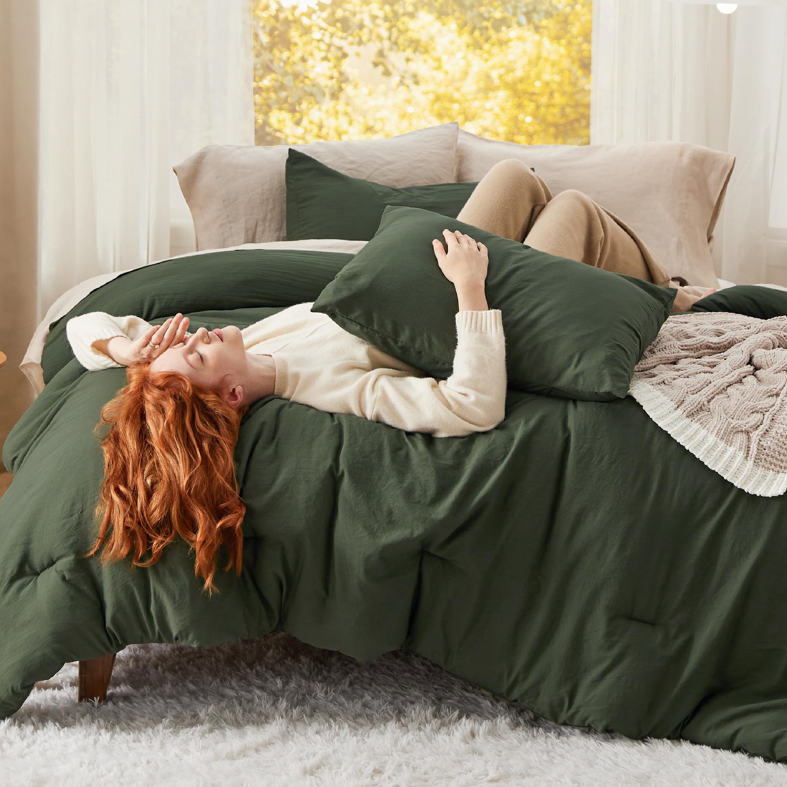 California King Comforter Set - Dark Green Prewashed 3-Piece Bedding