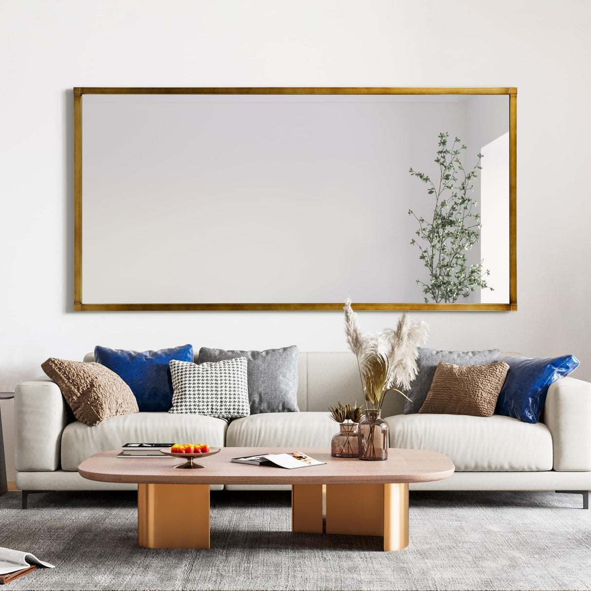 Brushed Gold Metal Framed Rectangular Wall Mirror, Ready to Hang, Living Room