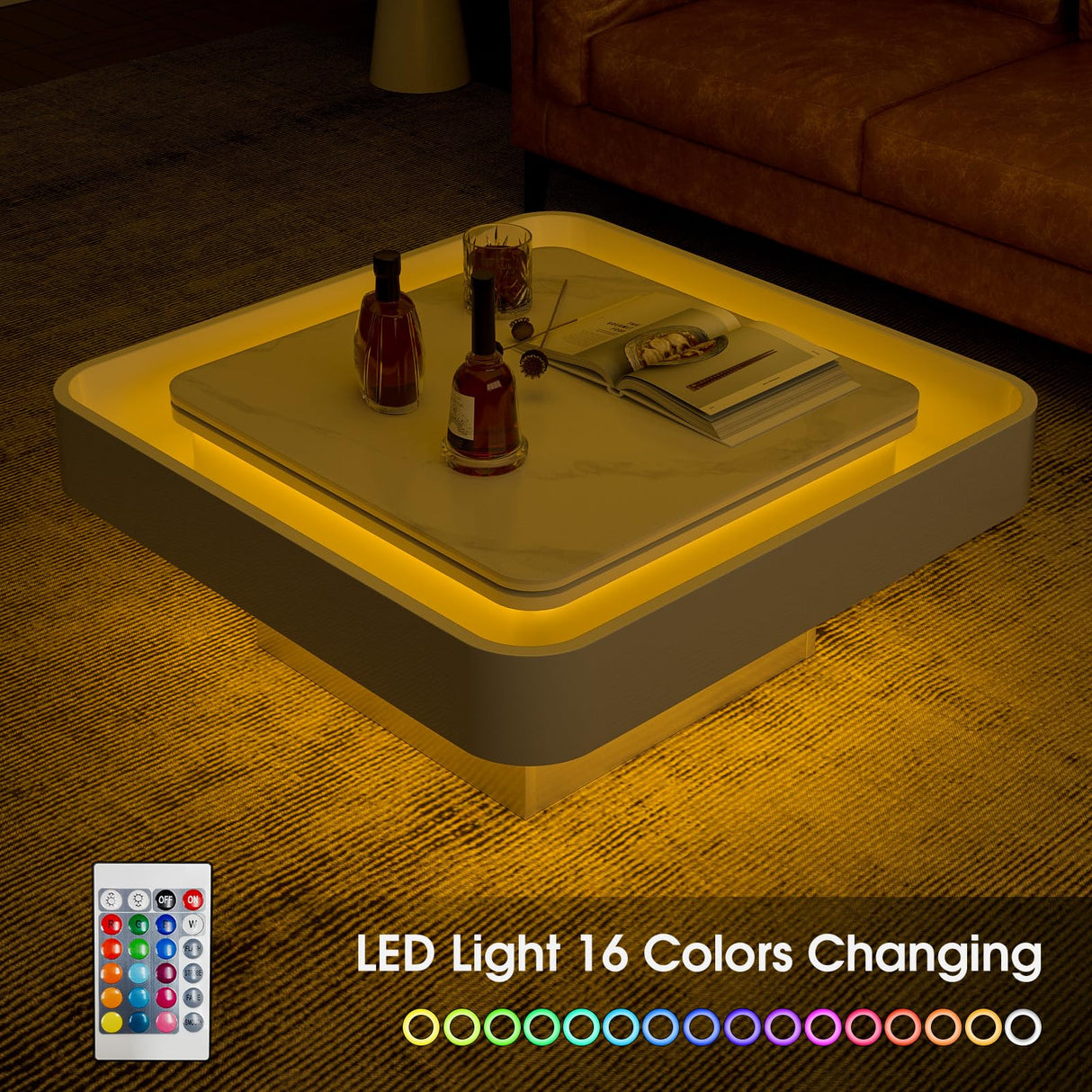 Modern LED Lift Top Coffee Table with Slate Desktop and 16 Colors LED Lights,