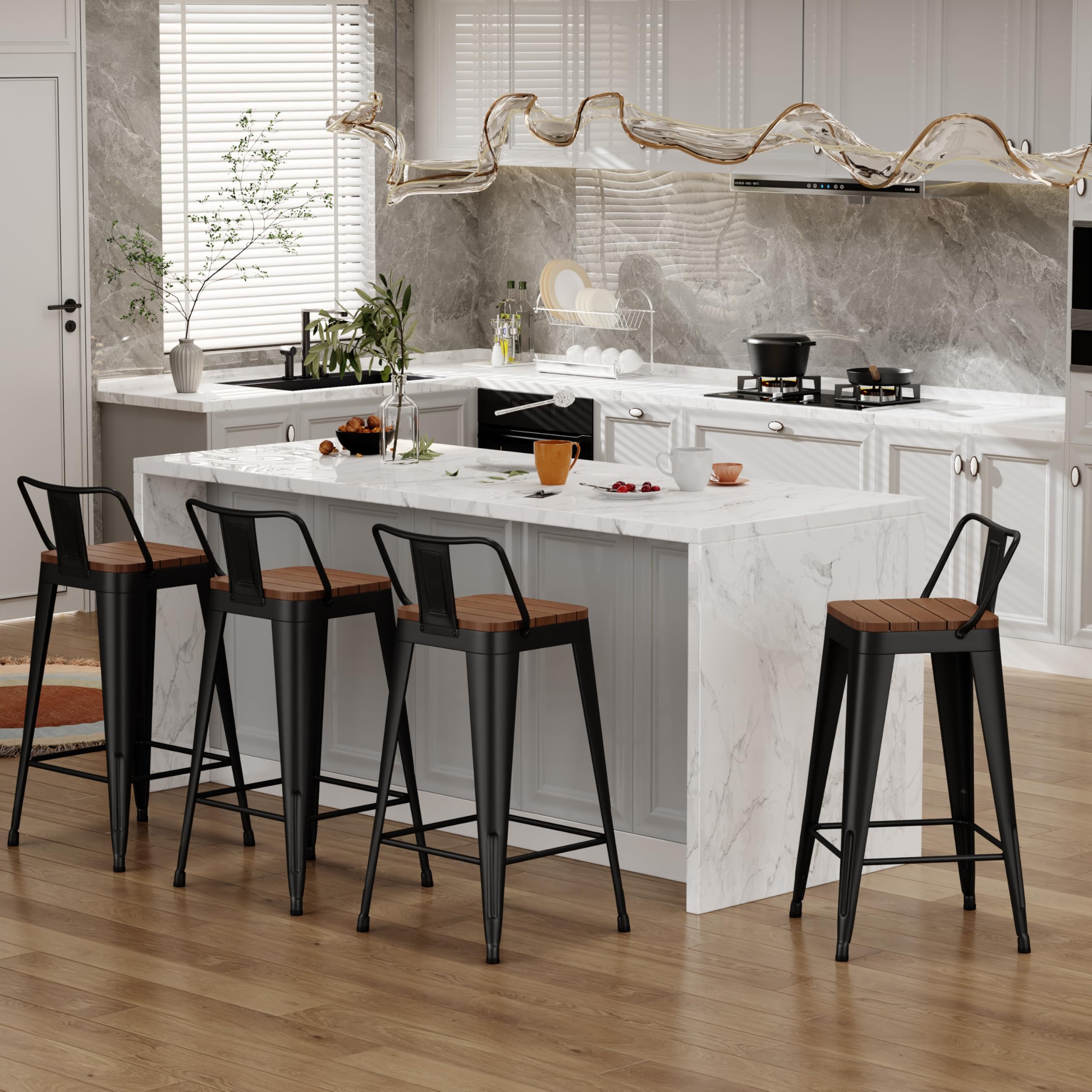 Outdoor Patio Bar Stools Set of 4 with Back,Arlunar Counter Height Industrial Metal Barstools