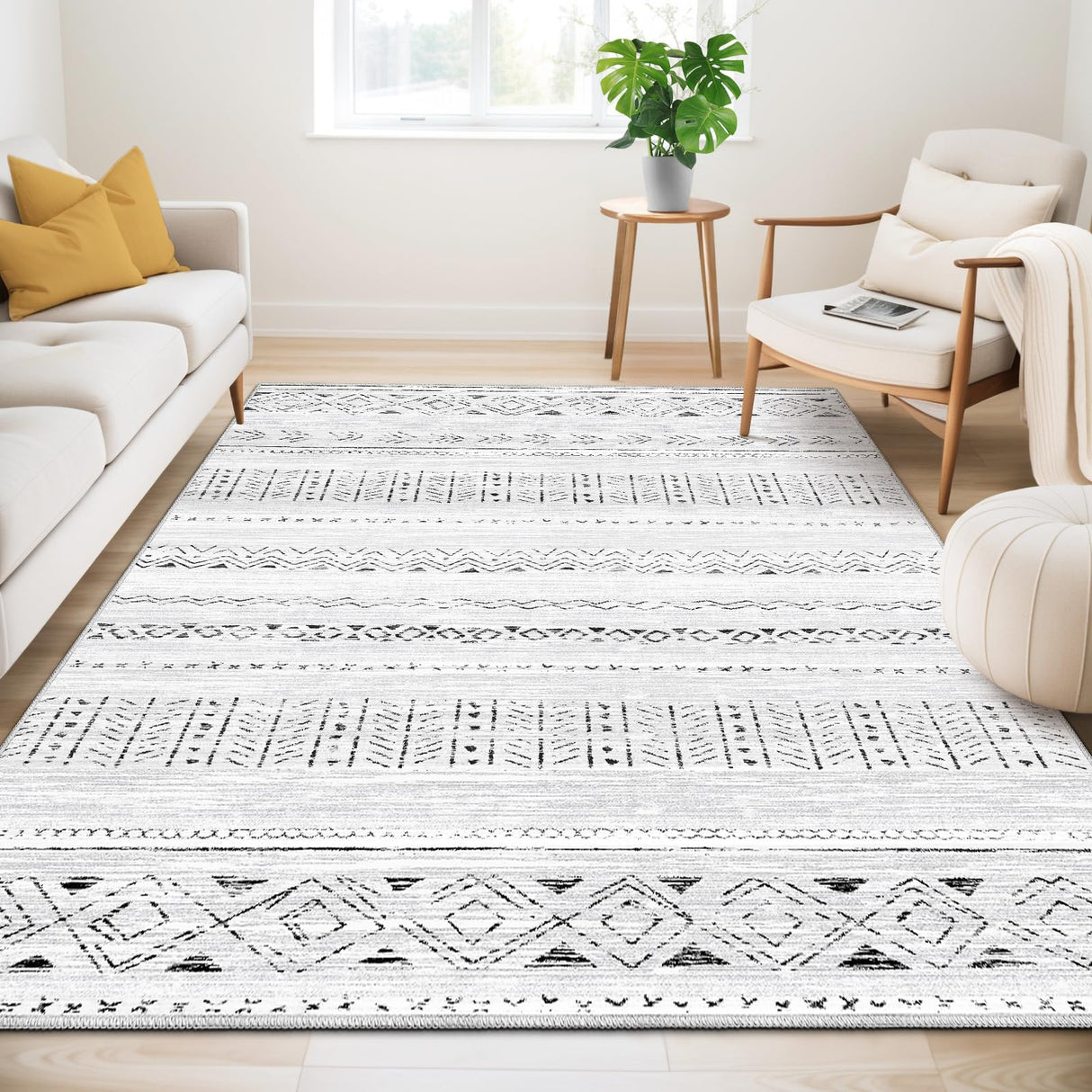 Large Living Room Area Rug 8x10: Soft Machine Washable Boho Moroccan Farmhouse Rugs for Bedroom Under Dining Table - Non Slip Neutral Morden Indoor Floor Rug Carpet for Home Office Decor - Grey