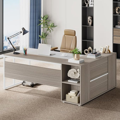 71 inch Executive Desk, L Shaped Desk with Cabinet Storage, Executive Office Desk