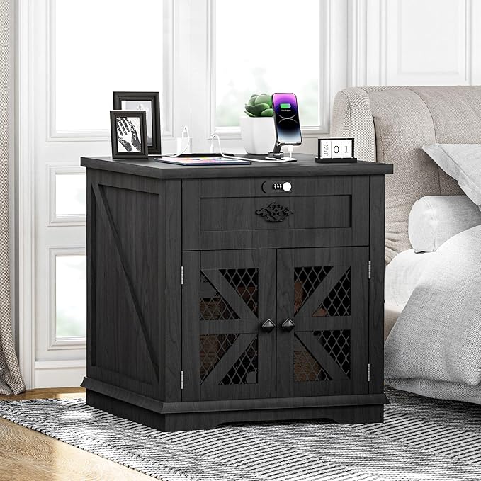 Farmhouse Nightstand End Table with Charging Station, 24" Side Table