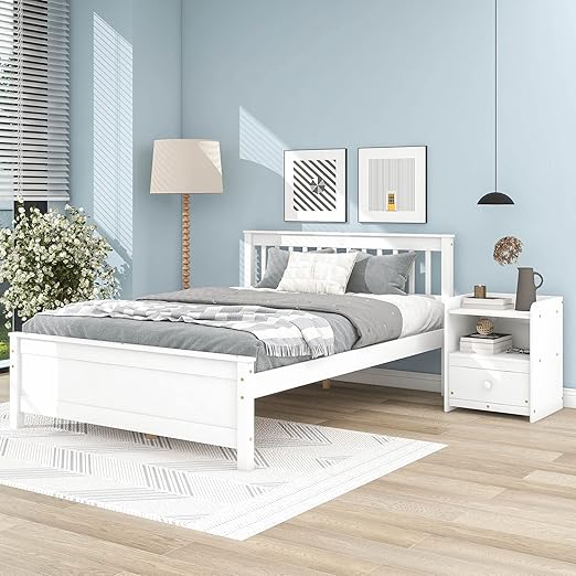 Bedroom Furniture Set with 1 Full Beds Frame & 1 Nightstand, for Boys Girls