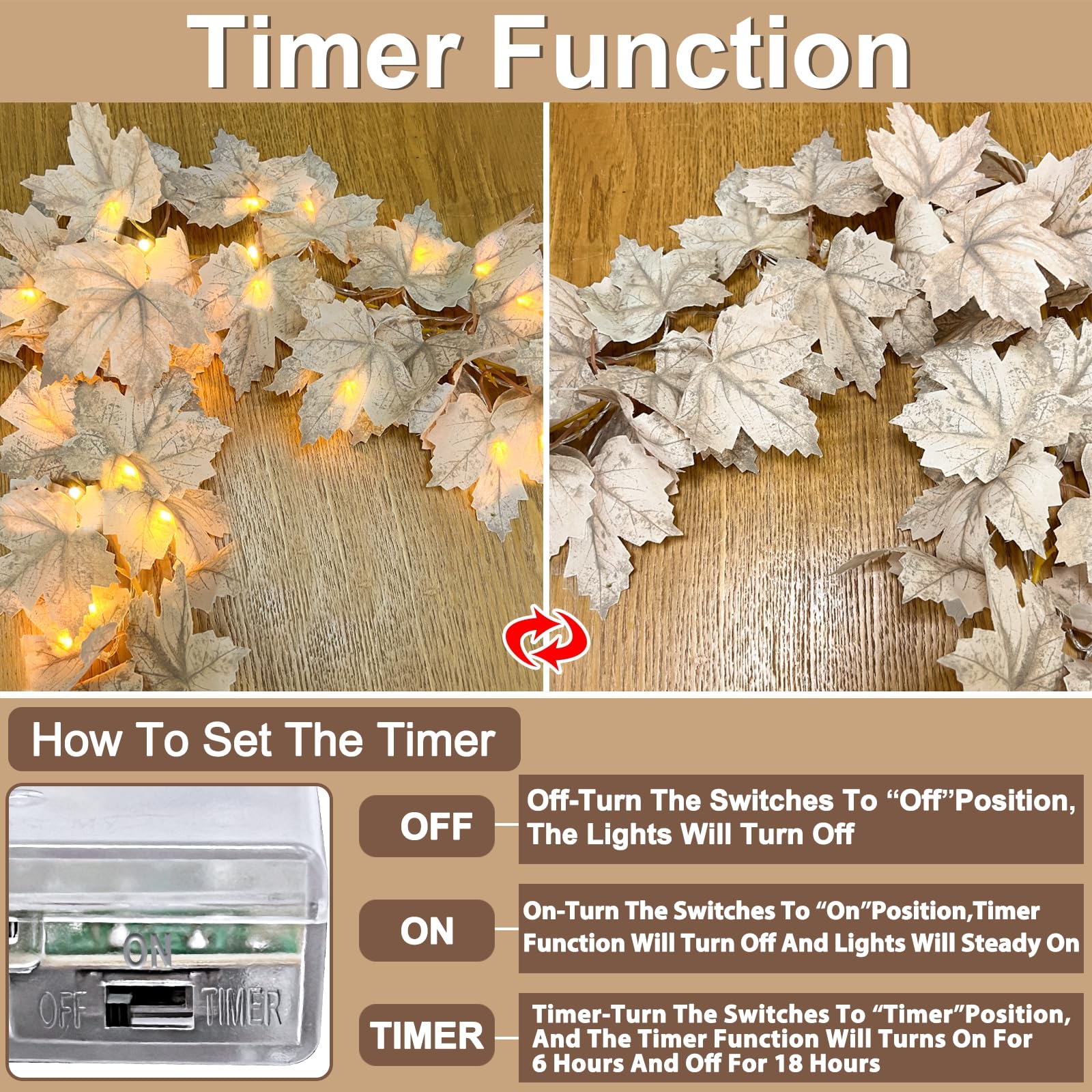 [ Timer & 3 Pack ] Fall Lighted Garland Halloween Fall Decor, 20Ft 60LED Autumn Maples