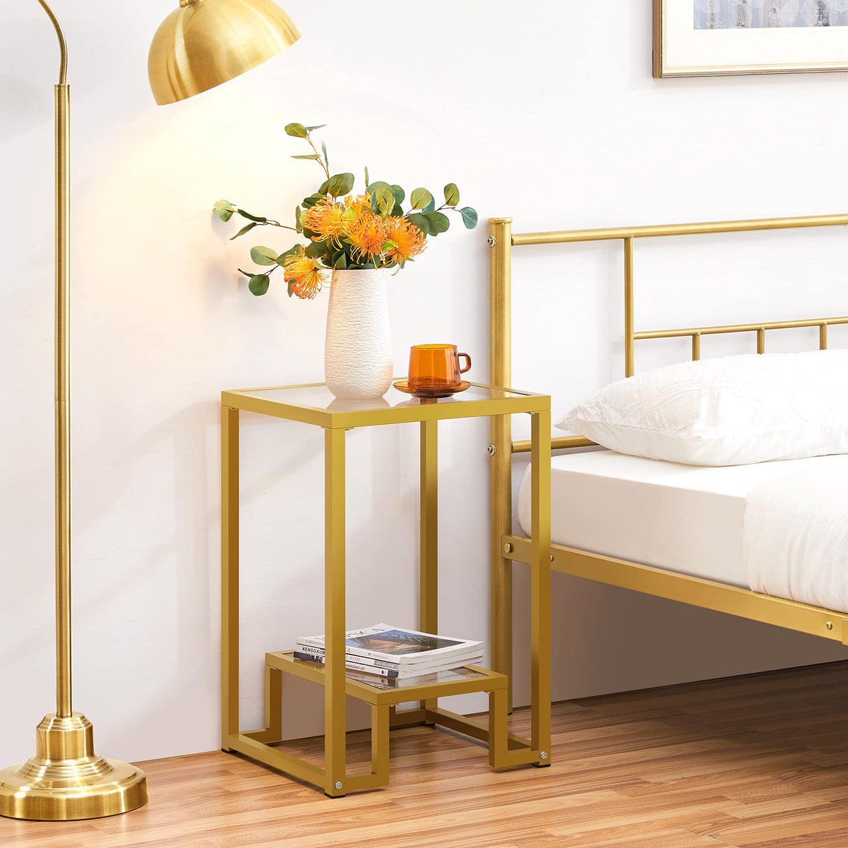 Glass Side Table, Tempered Glass Gold End Table with Shelf and Sturdy Metal Frame