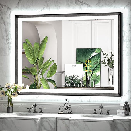 Black 36x36 Inch LED Bathroom Vanity Mirror with Front Lights Backlit Aluminum Alloy Frame Rectangle Beveled Edge