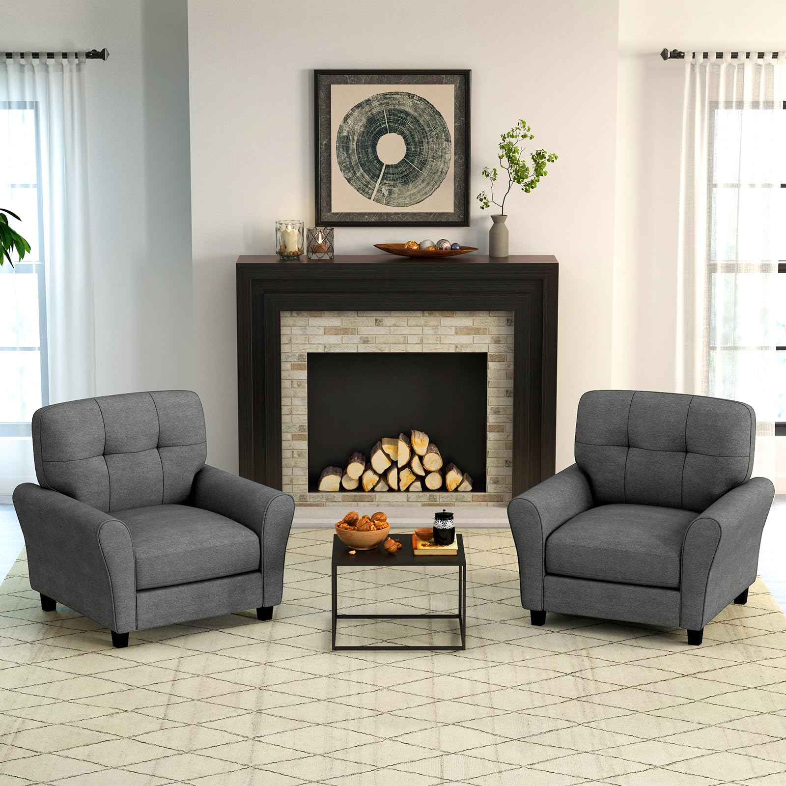 Modern Mid-Century Accent Chair - Linen Living Room Chair with Tufted Back