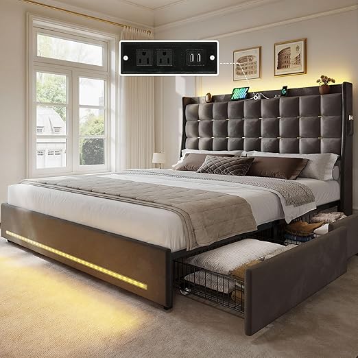 King Size Velvet Platform Bed Frame with LED Lights & Storage Drawers