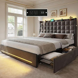 King Size Velvet Platform Bed Frame with LED Lights & Storage Drawers