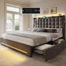 King Size Velvet Platform Bed Frame with LED Lights & Storage Drawers
