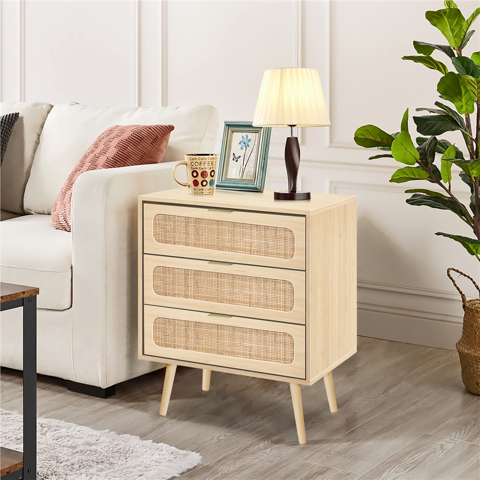 2 Sets of Rattan Nightstand Dresser Chest of 3 Drawers