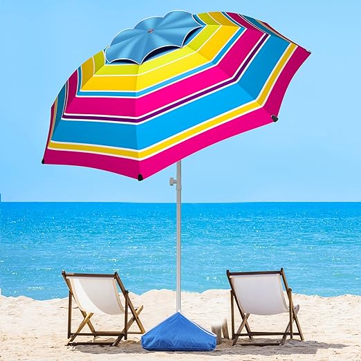 Beach Umbrella Level 7 Wind Resistance Design, Sand Anchor, Sand Bag