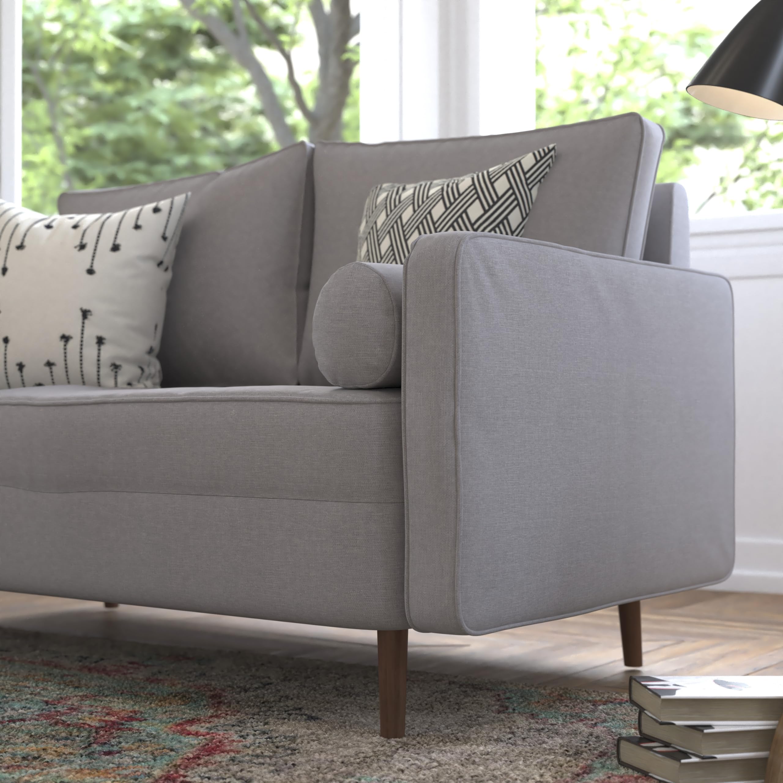 Hudson Mid-Century Modern Loveseat - Slate Gray Faux Linen Upholstery - Buttonless
