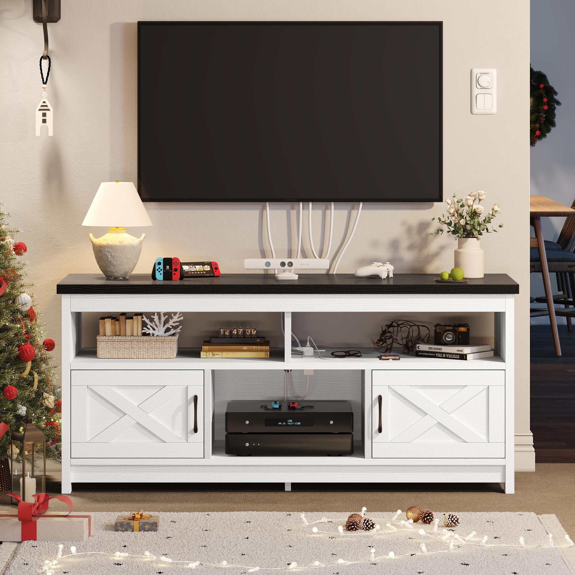 Farmhouse TV Stand for 65 inch TV with Power Outlet