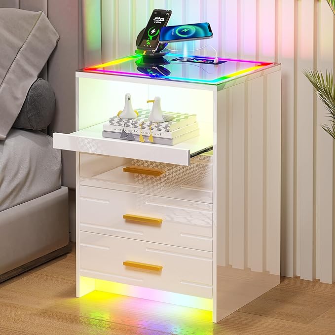 RGB LED Nightstand with Wireless Charging Station, Smart Night Stand with Motion