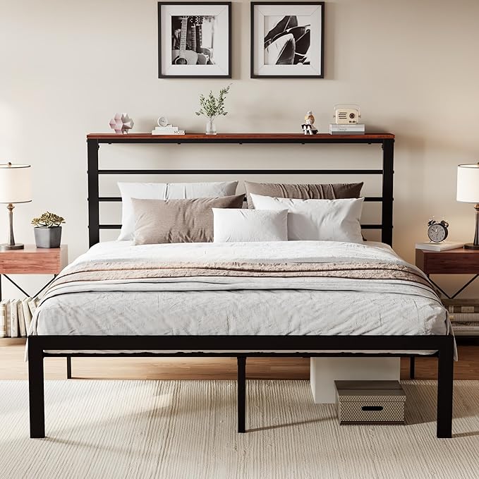 Full Size Bed Frame with Headboard Shelf and Strong Metal Foundation