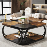 Square Coffee Table with 2 Tiers, 40 inches Low Farmhouse Coffee Table