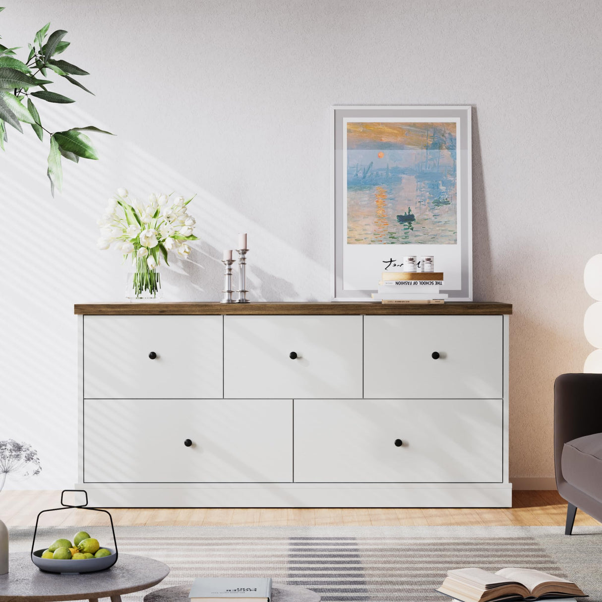 Wooden Dresser for Bedroom, Wide Chest of Drawers with 5 Drawers, Modern Minimalist