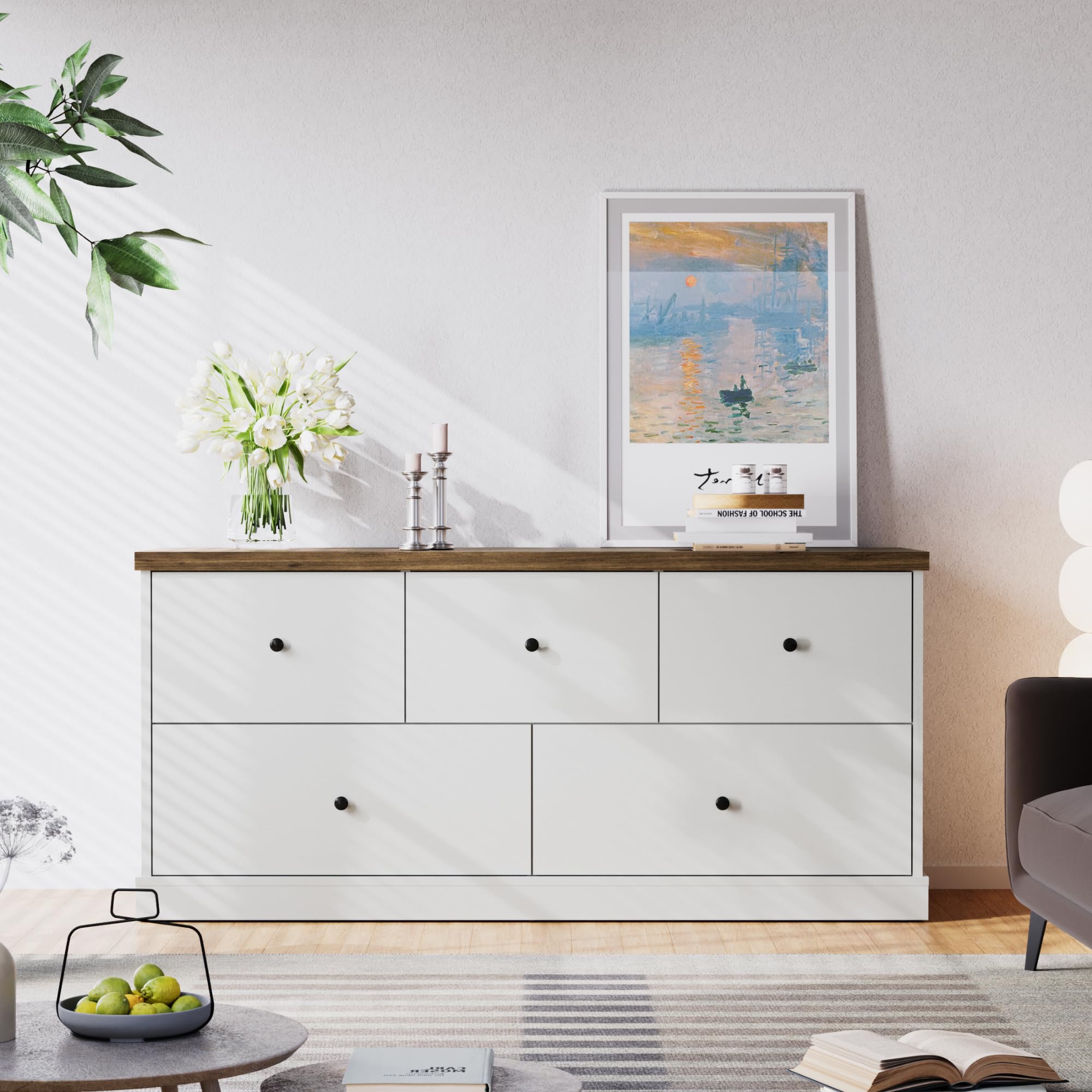Wooden Dresser for Bedroom, Wide Chest of Drawers with 5 Drawers