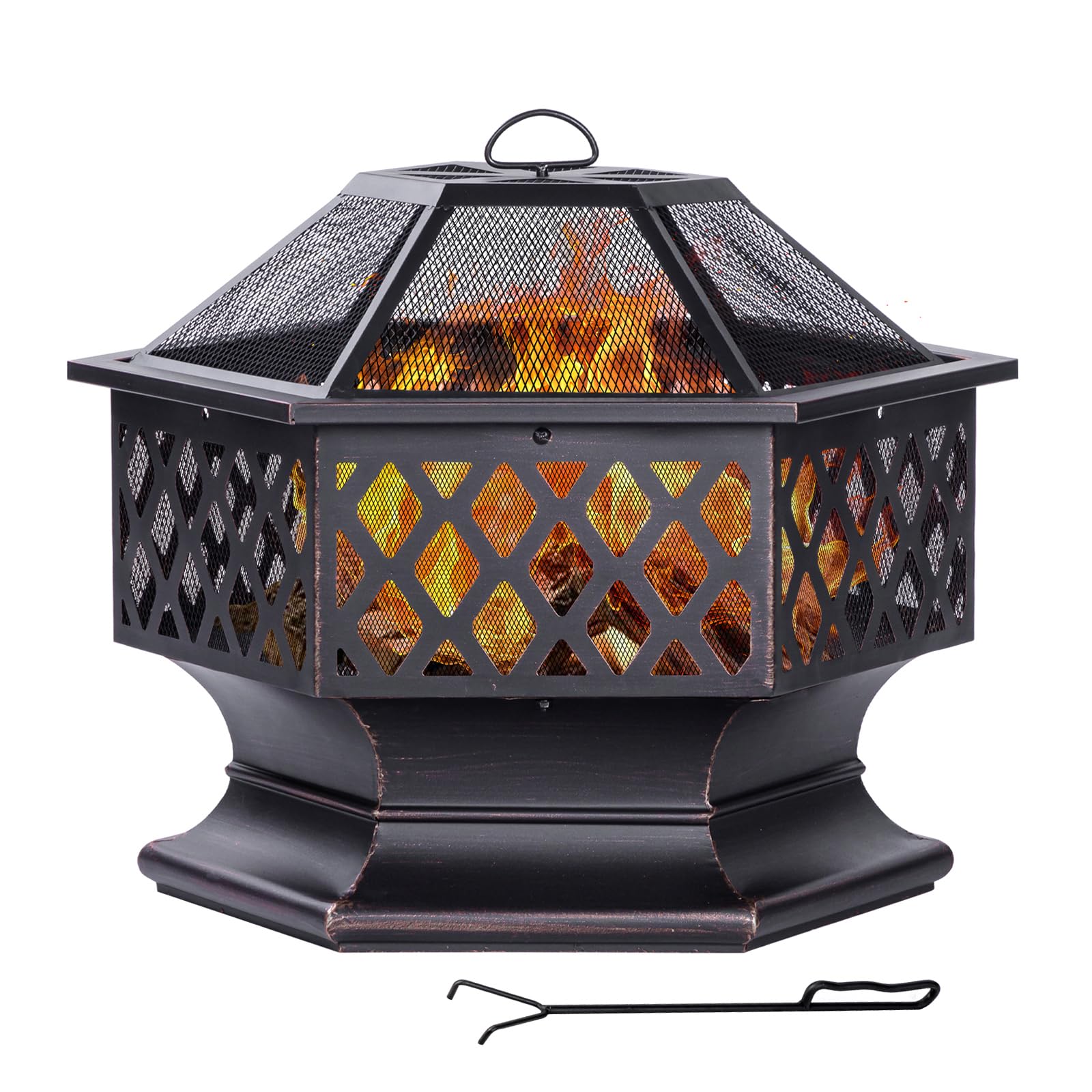 Panovue Outdoor Fire Pit, Hexagon Shaped Wood Burning Firepit for Outside Bonfire, Patio, Backyard and Camping (Antique Bronze, 28 Inch) - Bircata