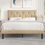 Queen Size Platform Bed Frame with Fabric Headboard, Strong Wooden Slats,